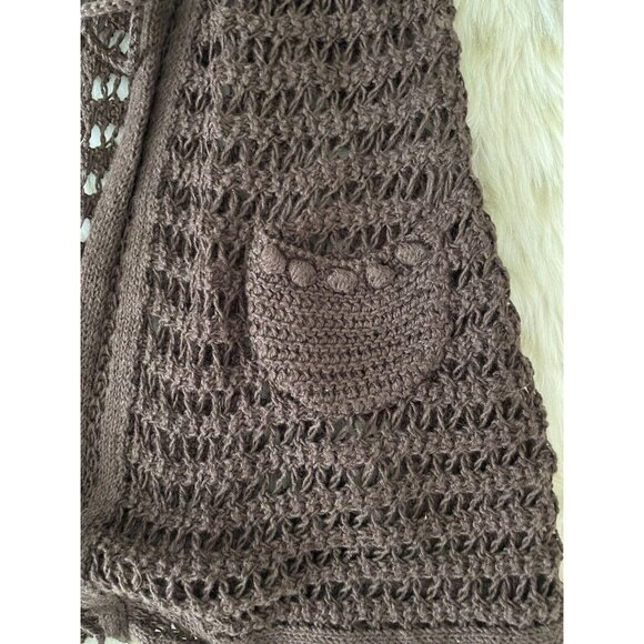 Vtg Anthropologie Moth Sweater Womens Small Brown Crochet Linen Blend Cardigan - Picture 3 of 4
